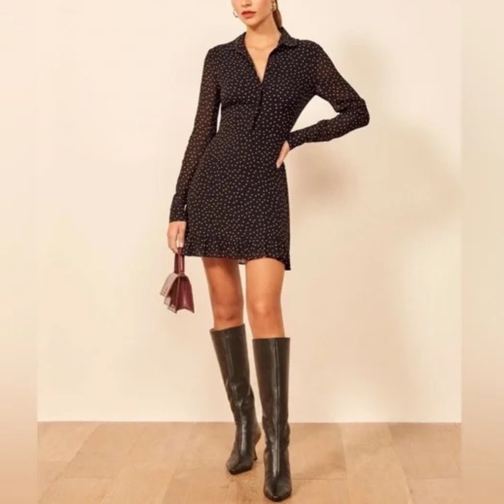 Reformation Monti Black Gold Polka Dot Long Sleeve Mini Dress Cutout Back 10 NWT - Picture 3 of 14